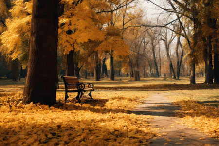 Autumn landscape, beautiful city park with fallen yellow leaves.の素材