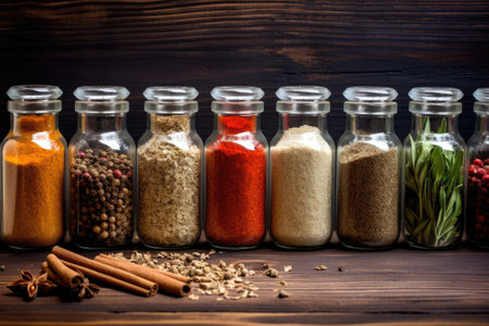 Assorted spices in glass jars. Home storage of spices.の素材