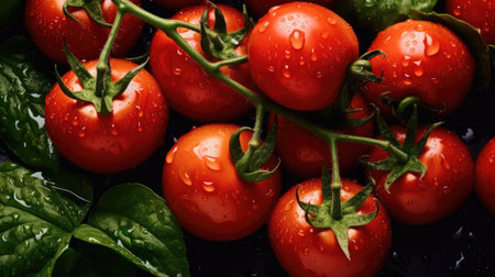 Ripe wet tomatoes lying in a pile with green leaves. Harvesting, autumn.の素材