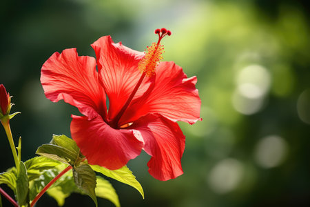 Red hibiscus flower on a green background. In the tropical garden.の素材