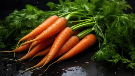 Ripe wet carrots lying in a pile with green leaves. Harvesting, autumn.の素材
