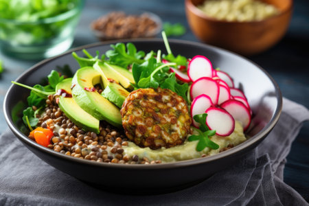 Vegan buddha bowl dinner food tableの素材