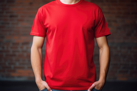 Mockup for design. Man in red t-shirt in front.の素材
