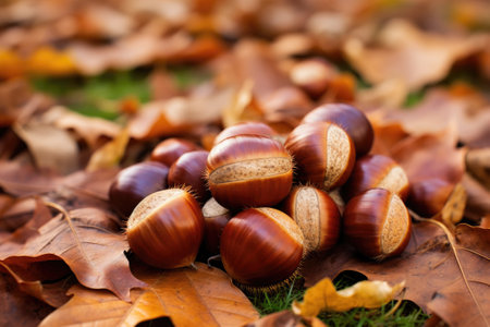 Brown chestnuts laying on a layer of dry brown fallen leaves.の素材