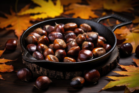 Roasted chestnuts in a pan on a wooden backgroundの素材