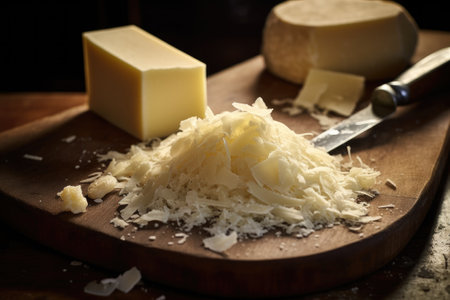 Parmesan cheese with knife on wooden boardの素材