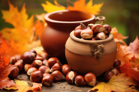 Close-up of chestnuts in bowlの素材