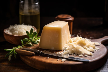 Parmesan cheese with knife on wooden boardの素材