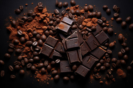 Dark chocolate bars and cocoa powder on rustic wooden table.の素材