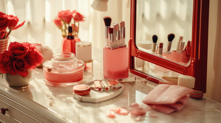 Luxury makeup products and accessories on dressing tableの素材