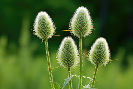 Teasels with flowers against a green backgroundの素材