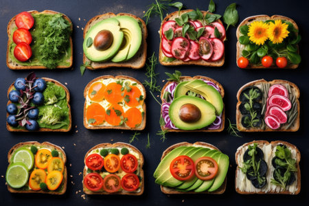 Top view of different decorated sandwiches as an appetizer. Healthy food. Vegetable mealの素材