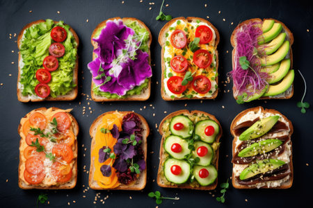 Top view of different decorated sandwiches as an appetizer. Healthy food. Vegetable mealの素材