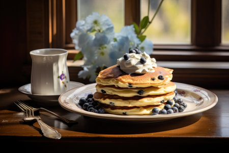 Delicious pancakes with fresh blueberries and syrup on wooden tableの素材