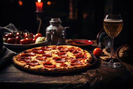 Round gourmet pizza on the tableの素材