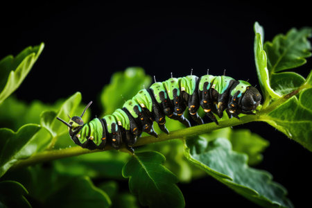 Closeup shot of a caterpillar crawling on the green plantの素材