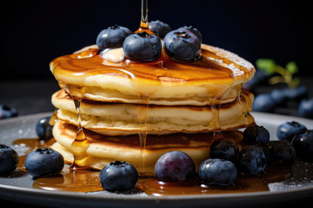Delicious pancakes with fresh blueberries and syrup on wooden tableの素材