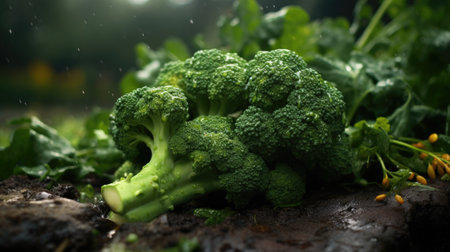 Ripe wet broccoli lying in a pile with green leaves. Harvesting.の素材