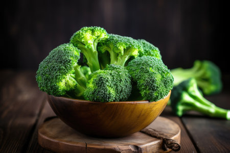 Broccoli in a bowl on a wooden tableの素材