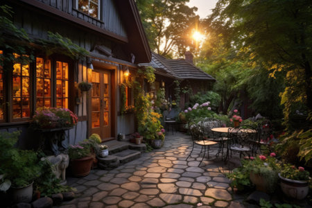A small courtyard surrounded by greenery, simple patio furniture.の素材