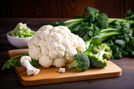 Broccoli and cauliflower on a wooden tableの素材