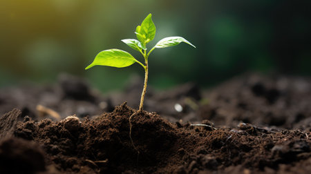 Young green tree plant sprout growing up from the black soil. Growth new life concept.の素材