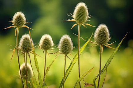 Teasels with flowers against a green backgroundの素材