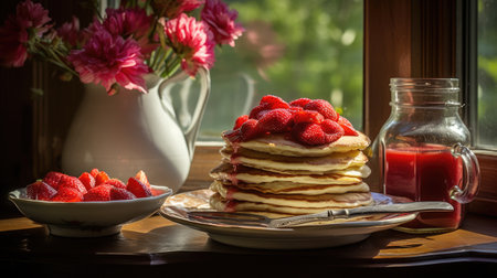 Delicious strawberry pancakes on the tableの素材