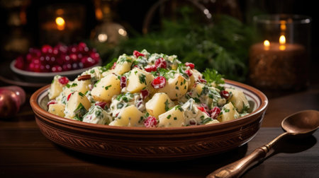 Christmas potato salad on a plate. Generative AIの素材