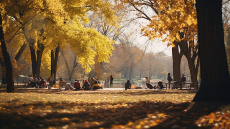 Group of people relaxing among trees in city park. Generative AIの素材
