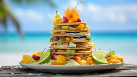 Delicious pancakes served with tropical fruits at a beautiful sea view restaurant on the beach. Generative AIの素材