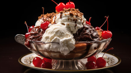 Ice cream with cherry in a bowl, Generative AIの素材