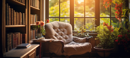 A cozy reading room with an armchair and a bookshelf and a large window. Generative AIの素材
