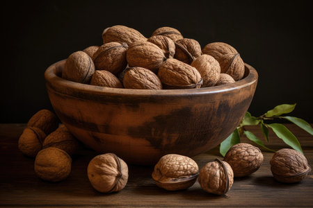Walnut kernels and whole walnuts on wooden background, front view. Generative AIの素材