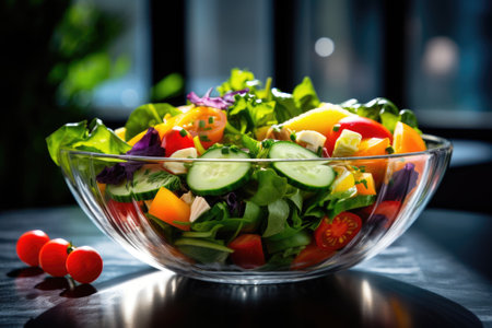 Mixed vegetable salad in clear glass bowl. Generative AIの素材