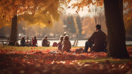 Group of people relaxing among trees in city park. Generative AIの素材