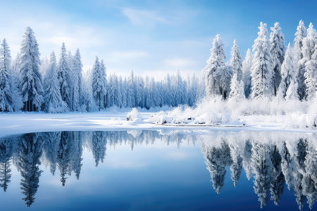 Frozen lake in snowy forest. Generative AIの素材