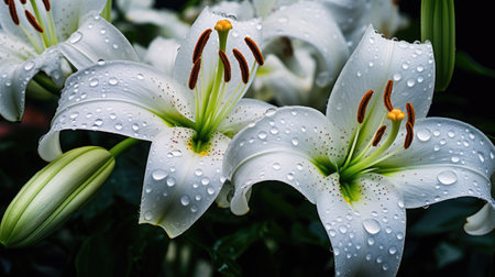 White lily flowers in a garden with a dark background. Generative AIの素材