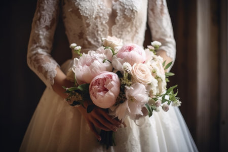 Bride holding a bouquet of pink peonies. Generative AIの素材