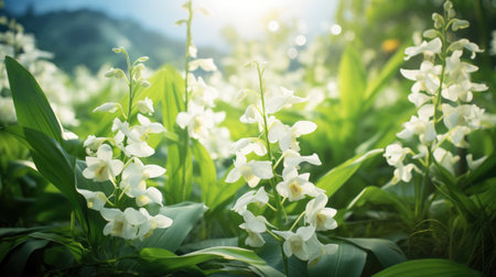 Sun shining through leaves and white flowers in springtime. Generative AIの素材