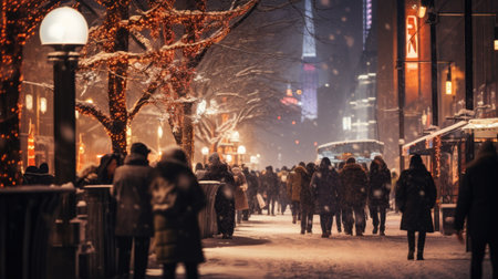 Image of people moving in crowded night city street with shopping malls. Christmas scene. Generative AIの素材