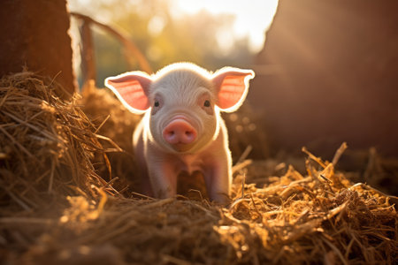 Young piglet on hay and straw at pig breeding farm. Generative AIの素材