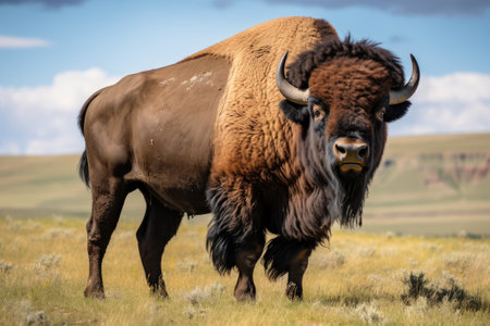 Wild American bison bull standing in grassy prairie. Generative AIの素材