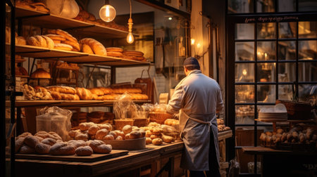Production of bread and buns. Employee working in the bakery. Generative AIの素材