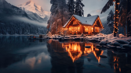 Fantastic winter landscape with wooden house in snowy mountains. Christmas and winter vacations holiday concept. Generative AIの素材