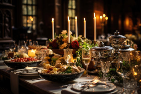 Assortment of delectable dishes spread across a lavishly adorned dining table. Generative AIの素材