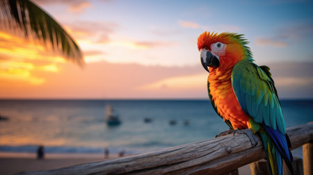 Close-up of parrot perching on wood. Generative AIの素材