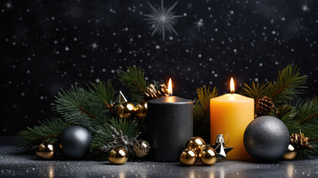 Christmas card with holiday mood. Festive burning candles. Generative AIの素材