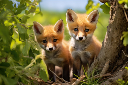 Two red fox, cubs looking around near den on a sunny day in summer. Generative AIの素材