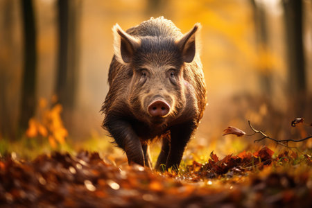 Lonely wild boar walks in forest. Generative AIの素材